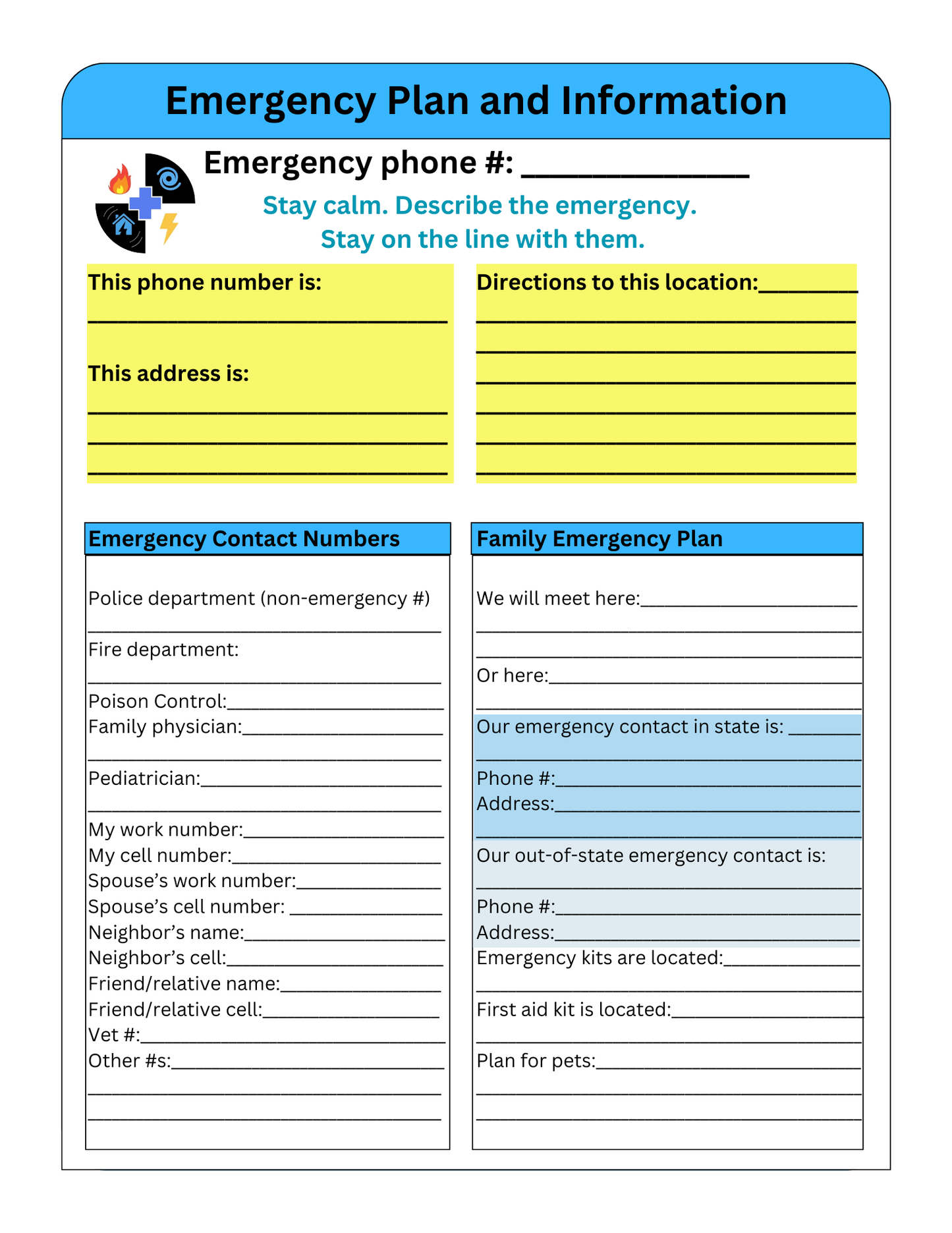 FREE - Emergency Plan Worksheet
